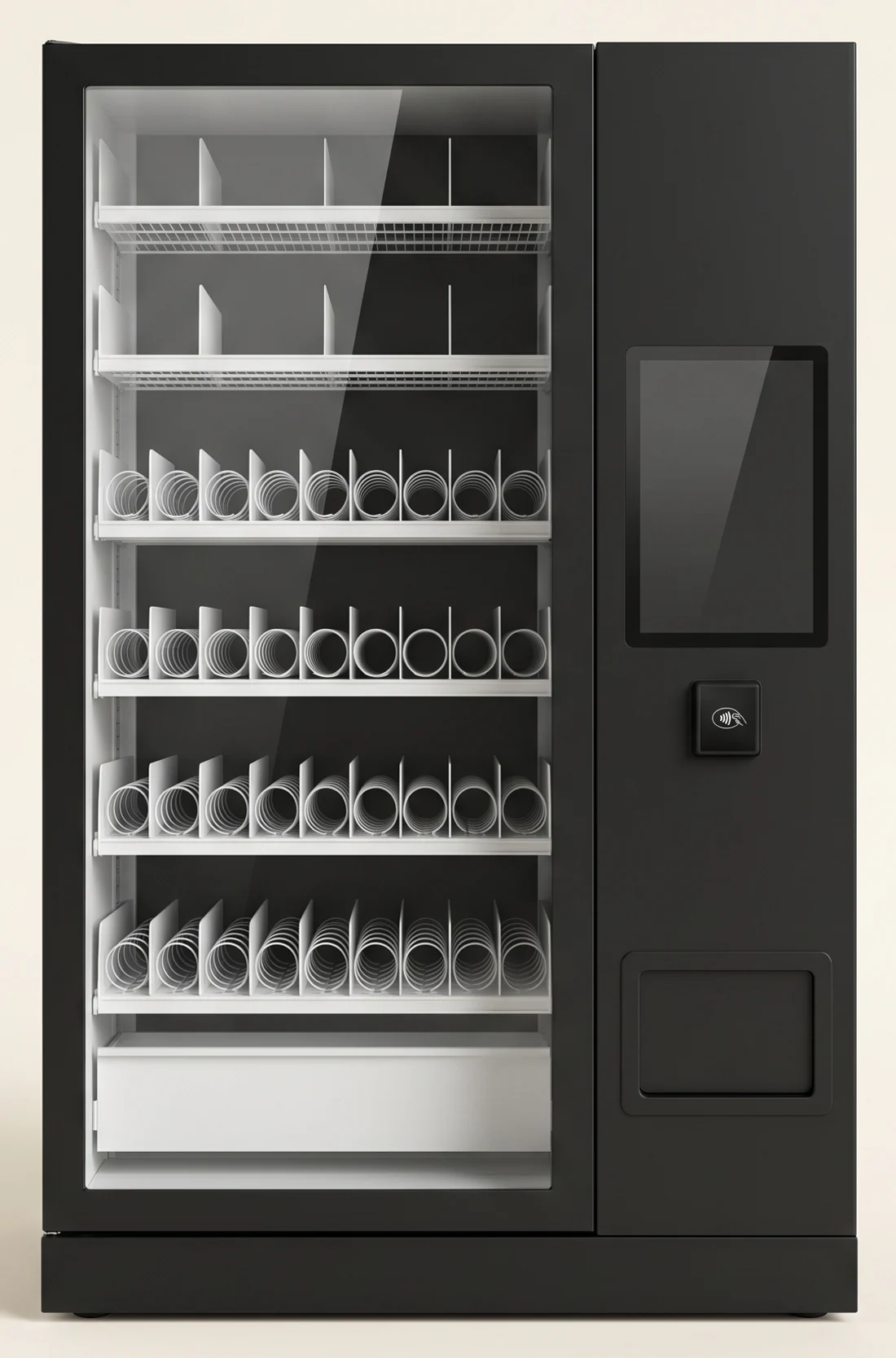 Máquina de vending vacía, de frente, lista para llenar