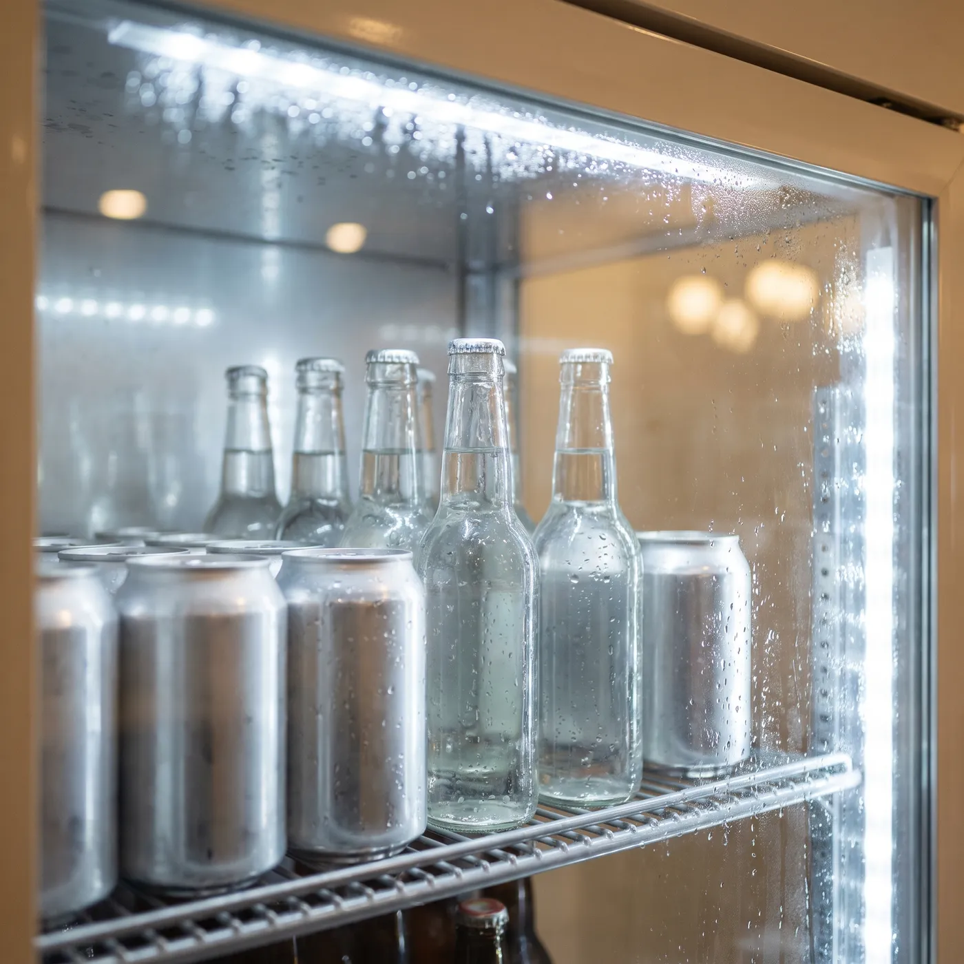Bebidas frías con gotas de condensación tras el cristal de la máquina